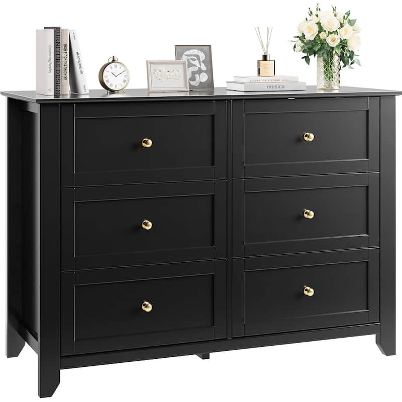 6 Drawer Dresser for Bedroom, Wooden Chest with Deep Drawers and Metal Knobs for Entryway, Hallway, or Kids Room - Black