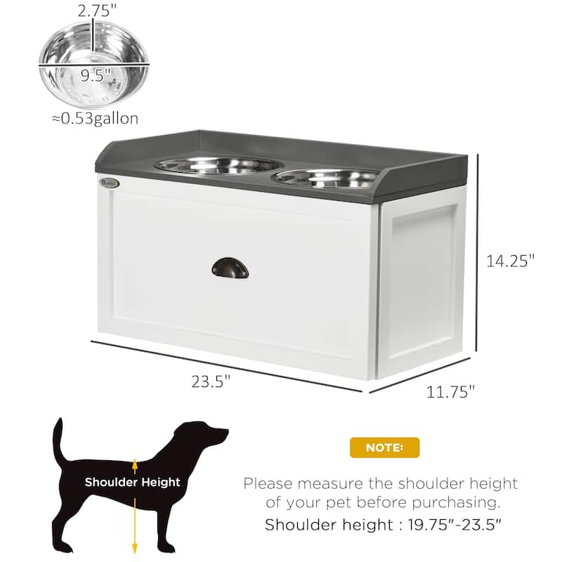 PawHut Dog Feeding Station with Storage Drawer, Removable Elevated Dog Bowls for Large Sized Dogs, White and Black