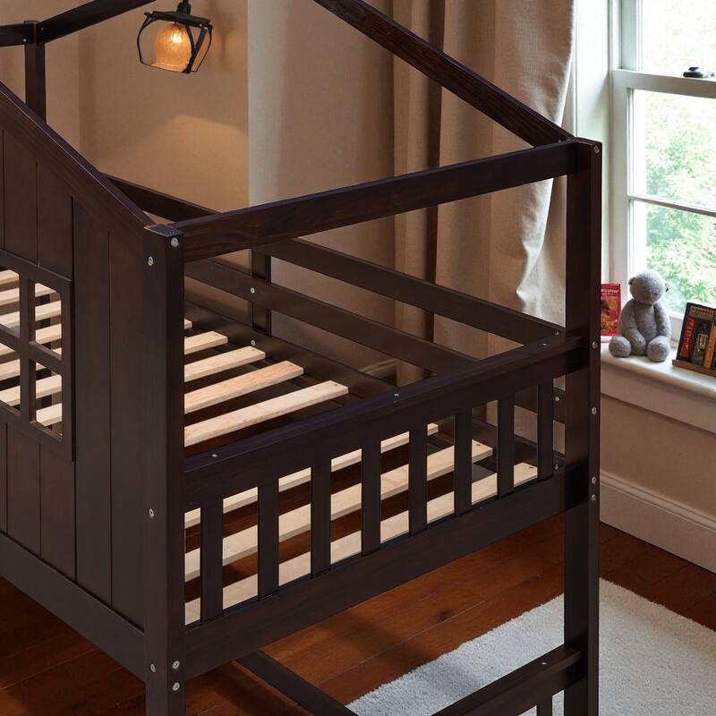 Twin Over Twin House Bunk Bed with Roof and Ladder, Solid Wood Frame, Playhouse Style Kids Bed, No Box Spring Needed