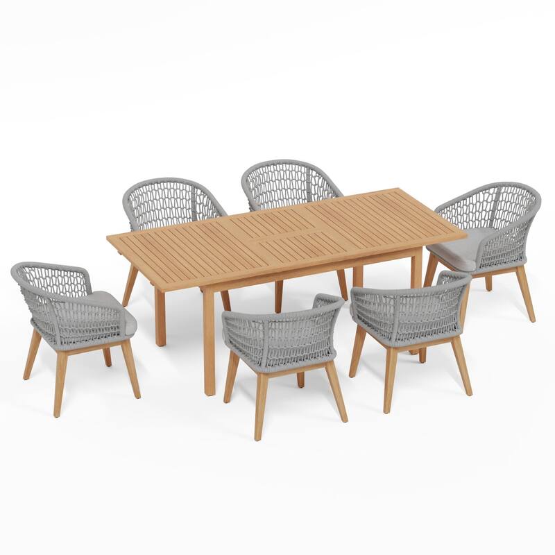 Outdoor Wooden Dining Table Set with 6 Woven Rope Chairs