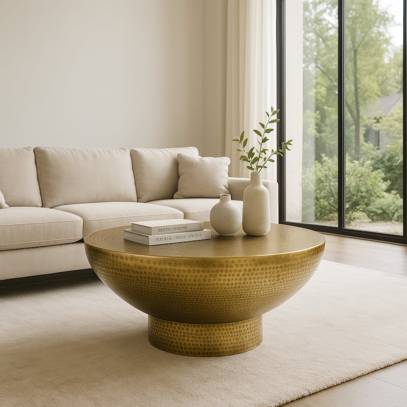 Orion Coffee Table 32 Inch Round Martini Glass Shape Hammered Antique Brass Finish - Brass