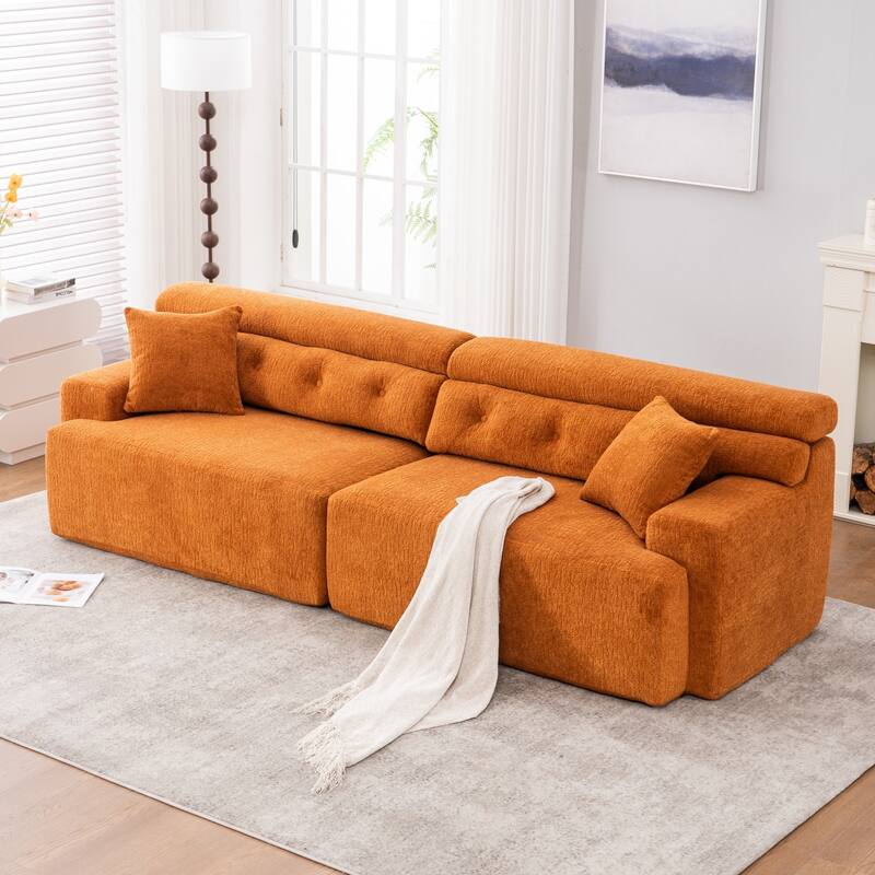 103.2" Fabric 4-Seater Sofa, Raised Back, 2 Pillows and Deep Seat Design - Orange