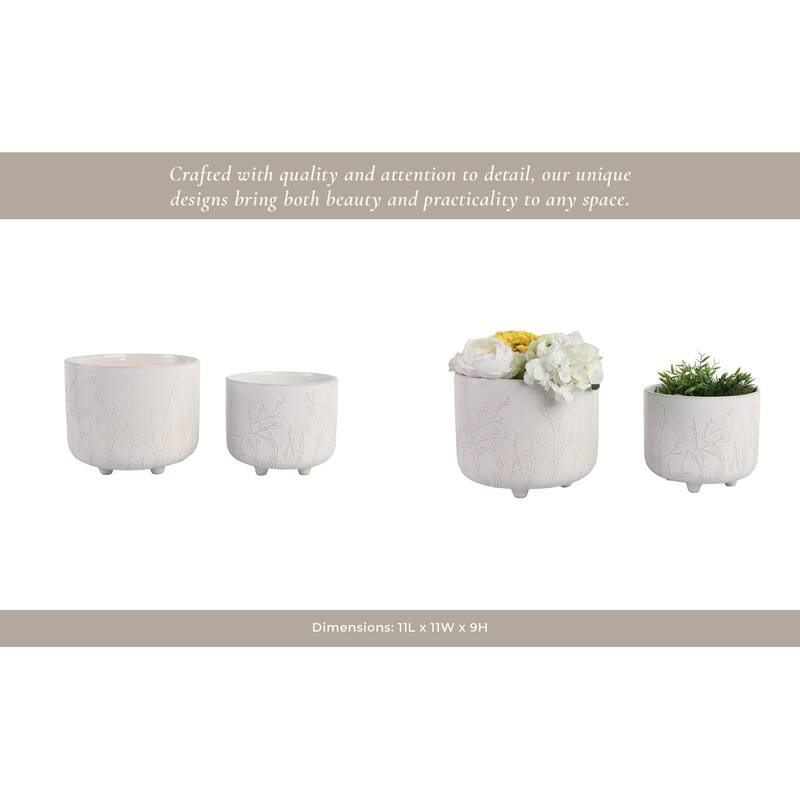 Stoneware Ceramic Planter Raised Botanical Relief Design Tripod Base - 11" x 11" x 9"