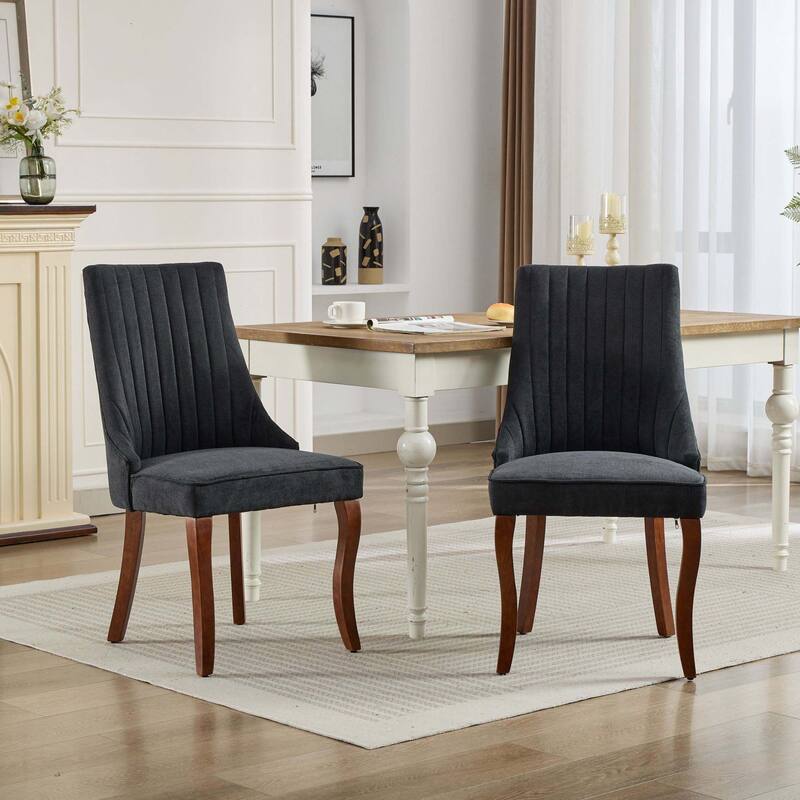 Linen Dining Chairs Channel Kitchen Dinner Chair,Set of 2 - Black