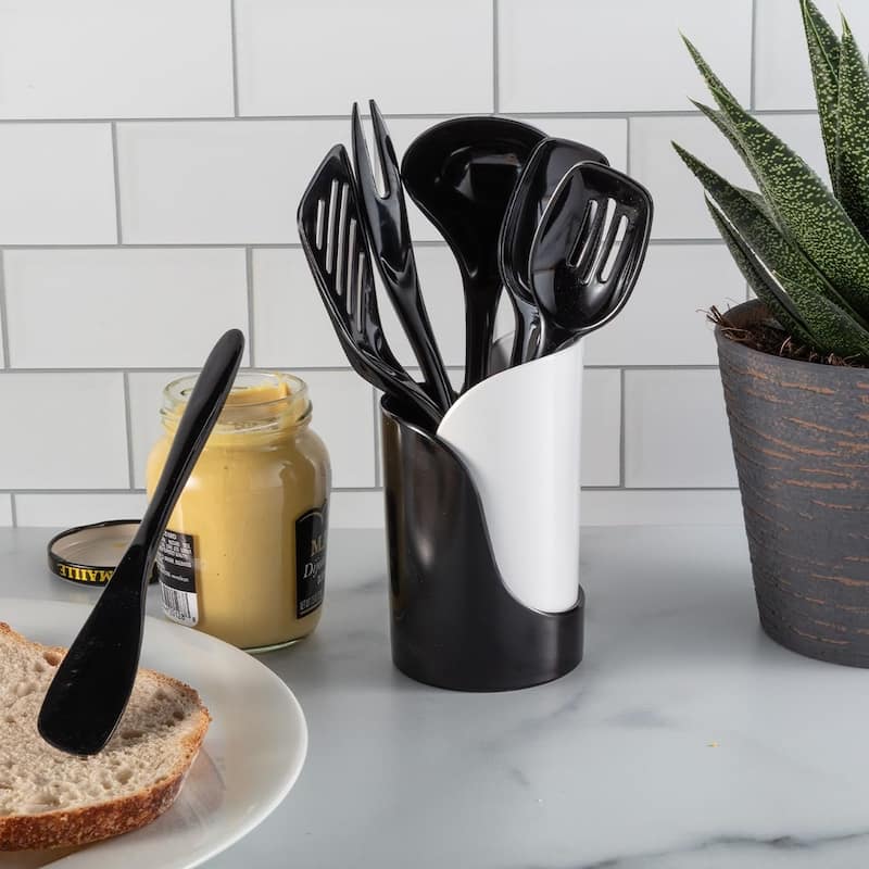 Hutzler 7-Piece Mini Melamine Cooking Utensils and Storage Crock Set, Includes 7.5 Inch Long Fork, Slotted Spoon,...