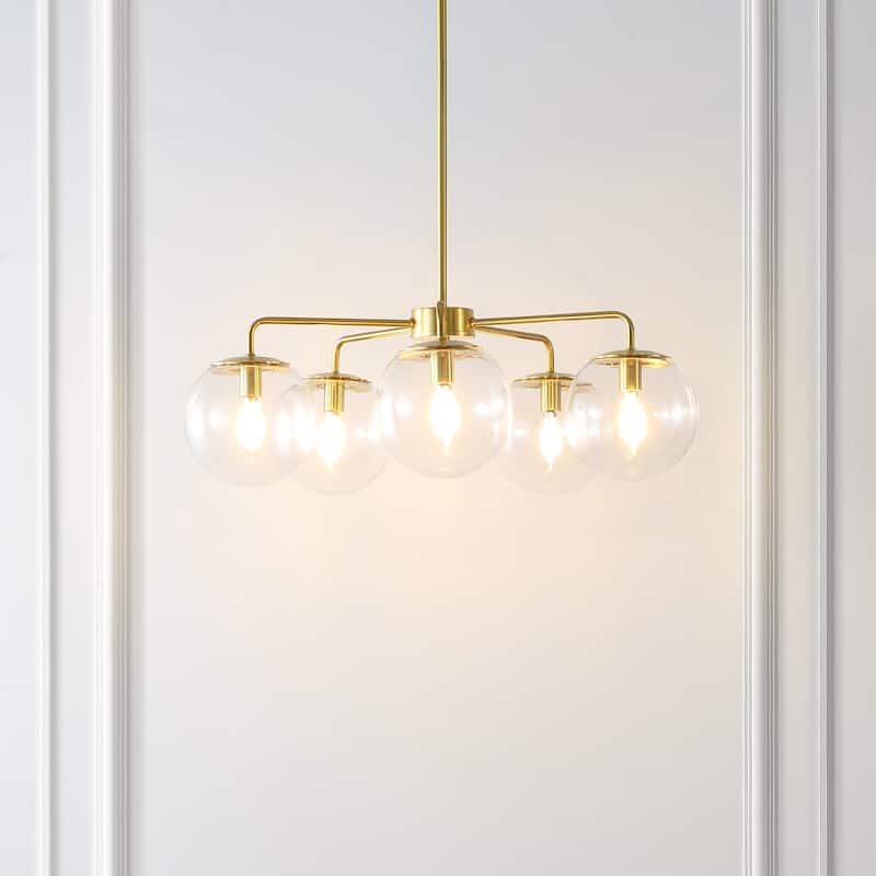 SAFAVIEH Lighting Ason Chandelier - 25" W x 25" D x 18-48" H - Satin Brass/Clear