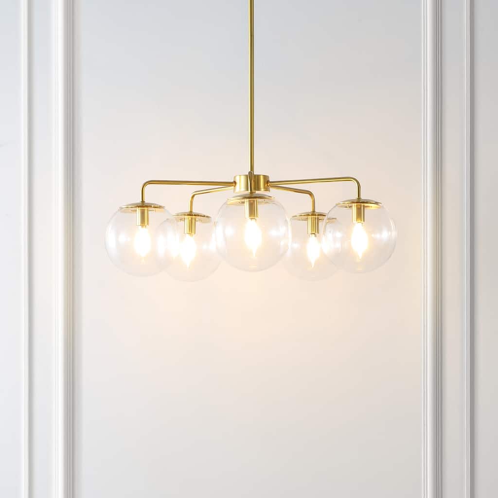 SAFAVIEH Lighting Ason Chandelier - 25" W x 25" D x 18-48" H - Satin Brass/Clear