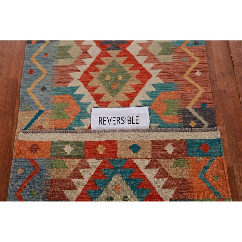 Hand Woven Oriental 100% Wool Carpet Southwestern Geometric Multi-Colored Kilim Runner Rug - 16' 2'' X 2' 10''