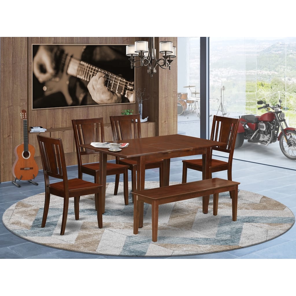 Dining Room Table Set with Chairs & Bench - 6 Piece Rectangle Table & Kitchen Seating