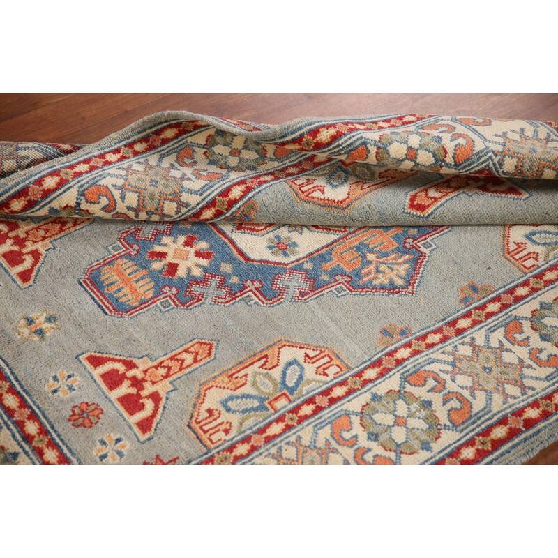 Geometric Kazak Oriental Accent Rug Hand-Knotted Blue Wool Carpet - 3'5"x 4'10"