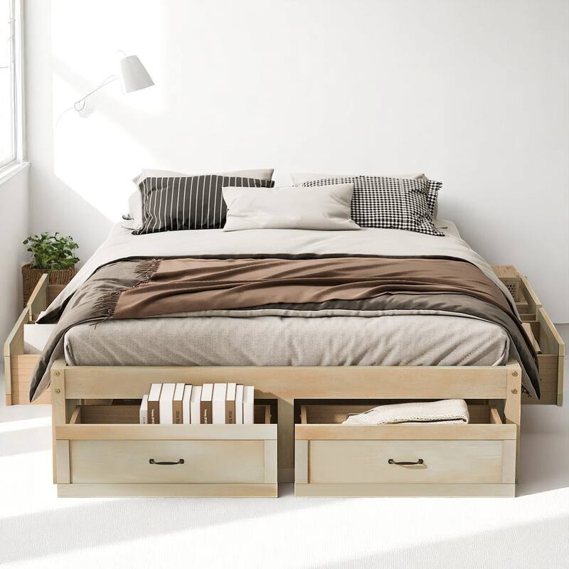 Full/Queen Platform Bed with 6 Storage Drawers, Modern Wood Frame with Slats, No Box Spring Needed