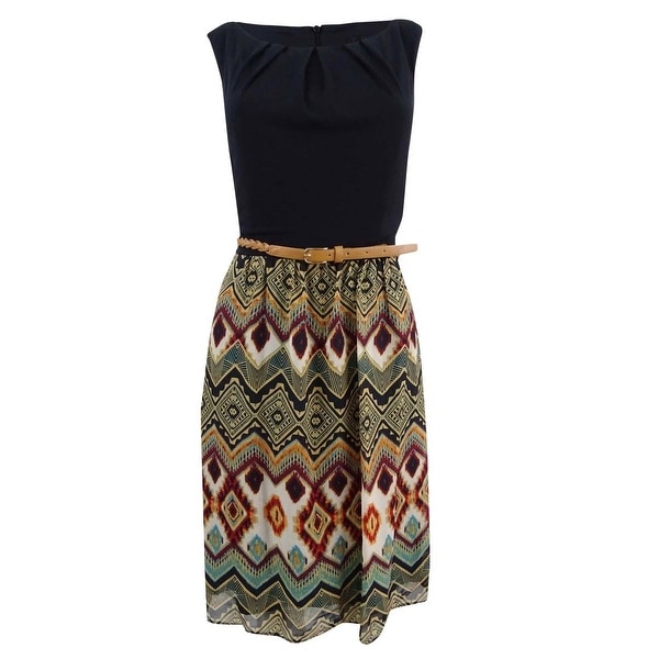 Connected Women's Petite Belted Printed Chiffon Dress - Black