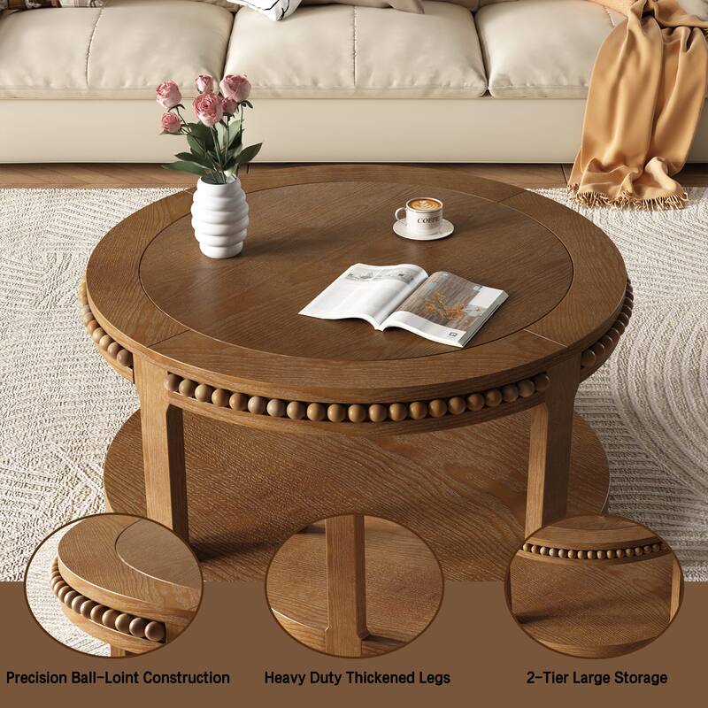 31.5 Inch Round Solid Wood Coffee Table for Living Room