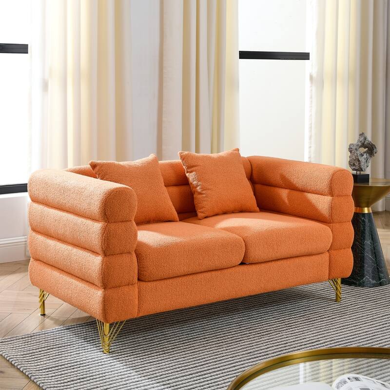 Oversized Loveseat Sofa with 2 Lumbar Pillows, Teddy Fabric Upholstered 2 Seater Sofa, Lounge Sofa with Metal Legs