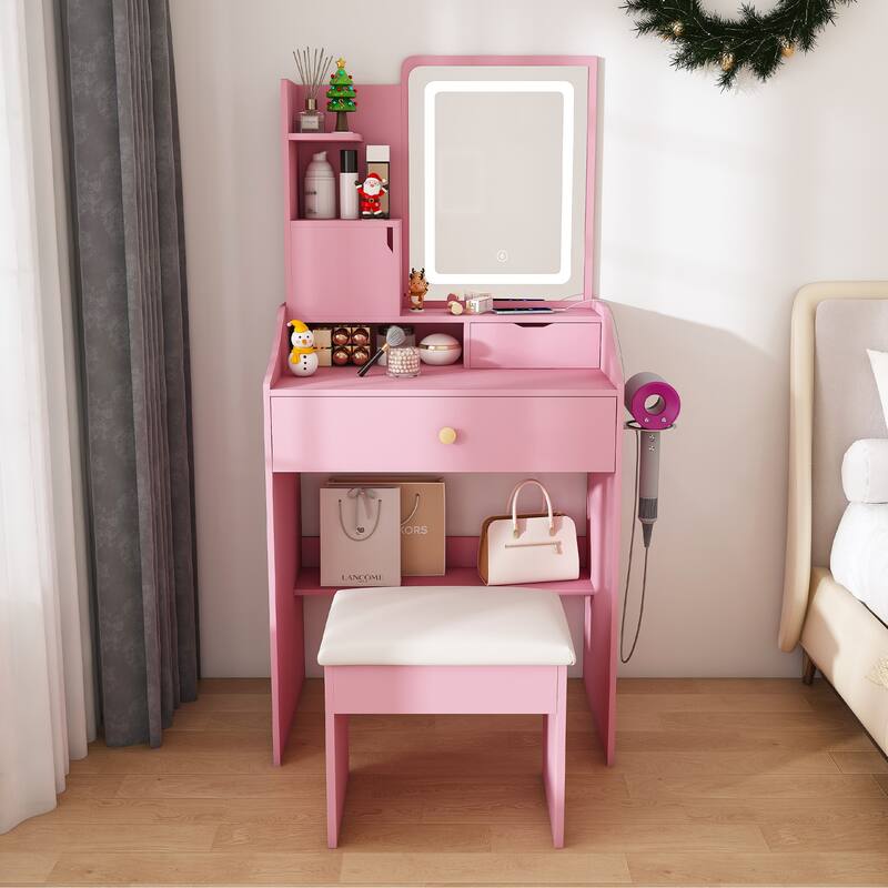 3-Color LED Vanity Mirror with Stool, Pink Dressing Table for Bedroom, 2 Drawers & 5 Storage Cabinets (4 Open + 1 Hidden)