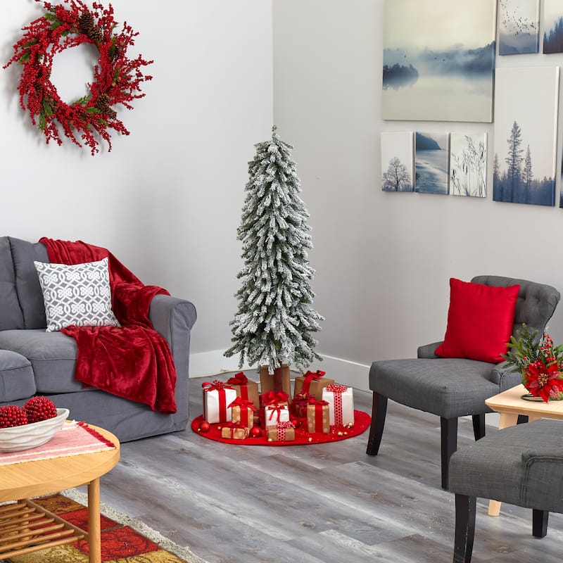 Pre-Lit Slim Flocked Grand Alpine Artificial Christmas Tree - 5’ - Clear LED Lights - 5 Foot