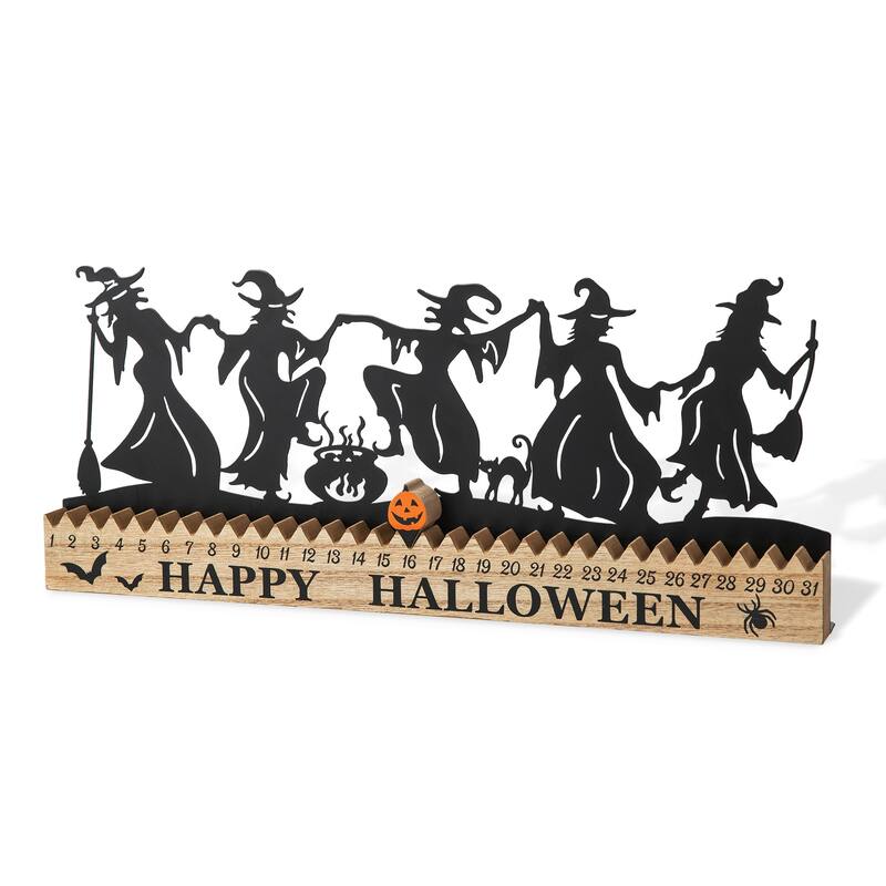 Glitzhome 18"L Happy Halloween Wooden Metal Dancing Witch or Ghost Countdown Calendar Table Decor