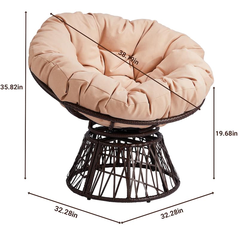 38 Inch Wicker Papasan Chair with Rotating Cushioned Seat - 38" x 33.5" x 32"