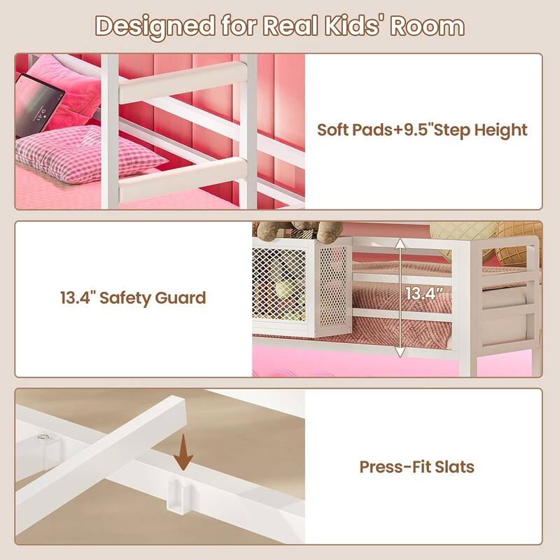 House Low Loft Bed Twin Size Storage Drawers Bookcase LED Lights