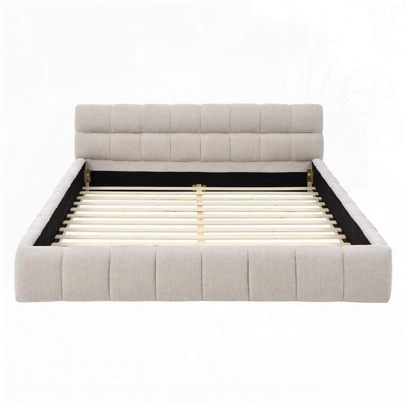 Chenille Fabric Grounded Queen Size Platform Bed with Headboard and Solid Frame