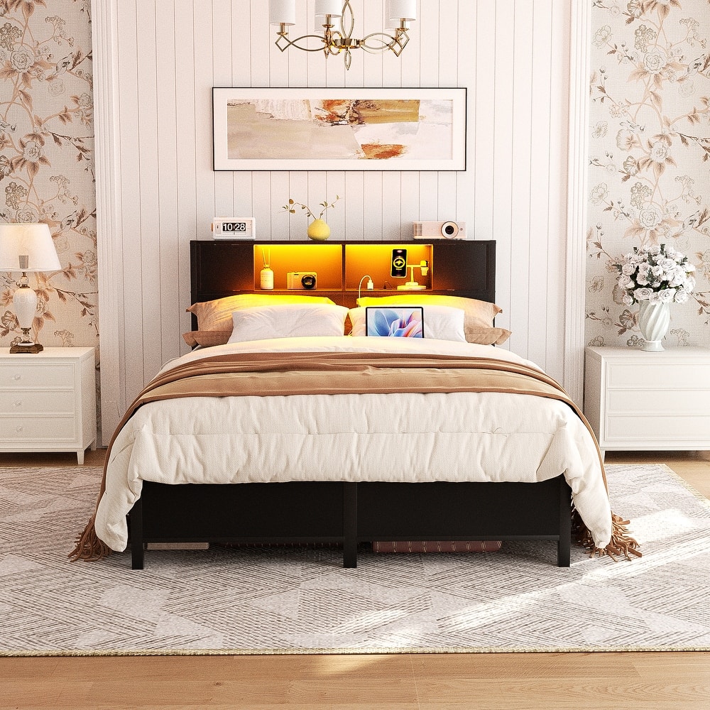 Storage Headboard Platform Bed Frame with Charge Station and LED Light