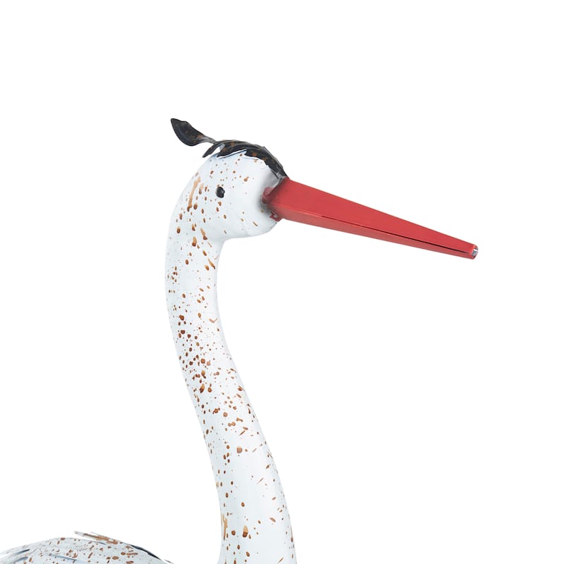 White Metal Tall Crane Decorative Garden Sculpture with Brown Speckled Texture and Red Accents (Set of 2)
