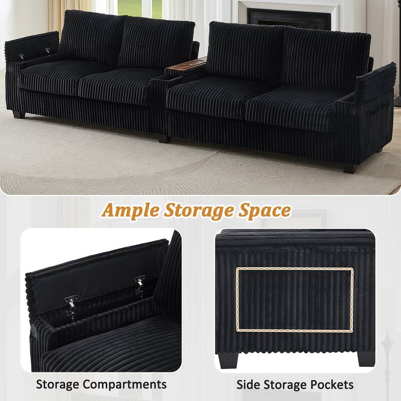 133" Corduroy Sectional Sofa with USB & Flip-Top Storage