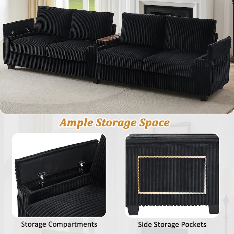 4 Seater Corduroy Sofa Couch with USB Ports and Storage Arms, 133" Modern Sofa with Side Pockets and Flip-Top Cup Holders