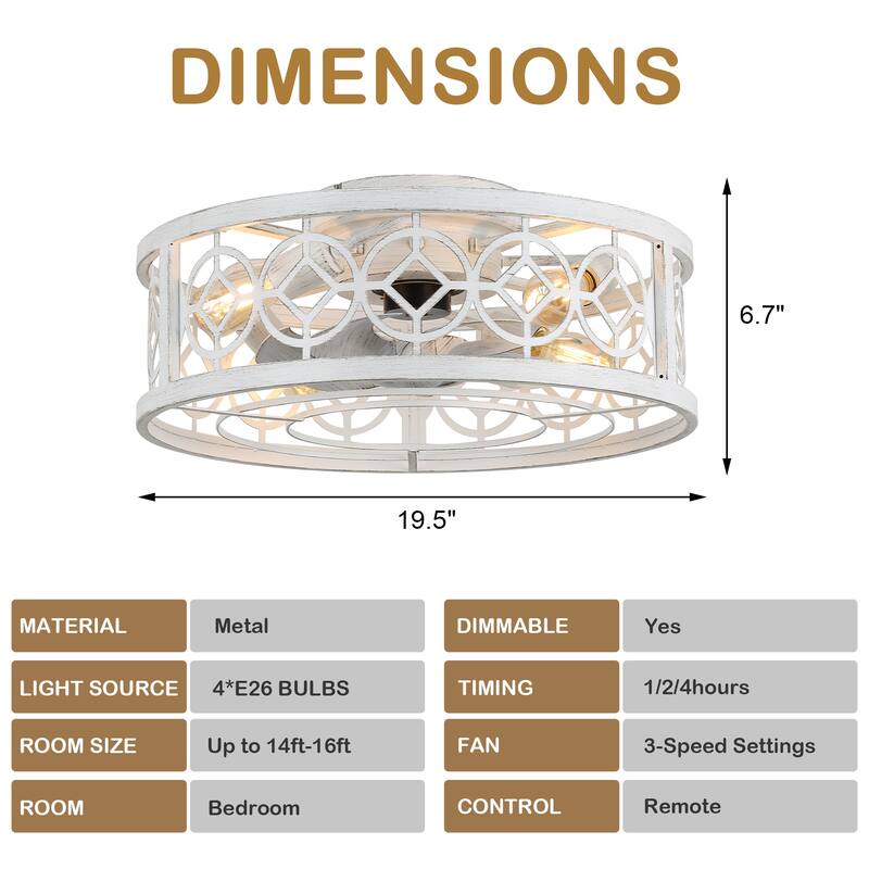 Chichoice 20" Farmhouse Distressed White Caged Ceiling Fan, Rustic Flush Mount Ceiling Fan with Remote for Bedroom - 19.5"*19.5"