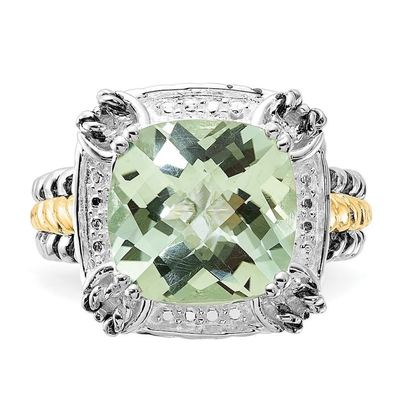 Curata 925 Sterling Silver Solid 14k Gold Large Green Amethyst Vintage Ring