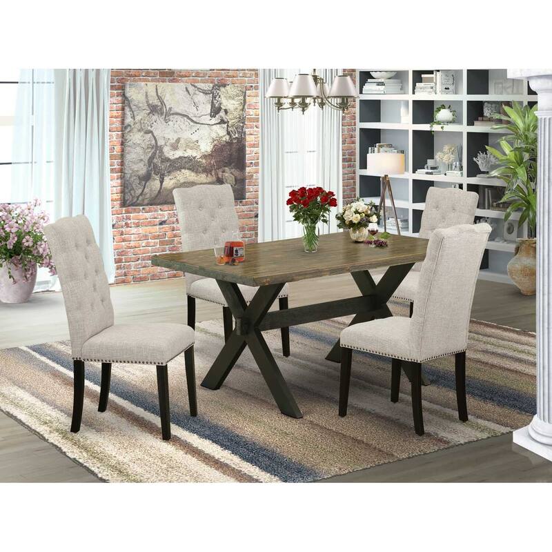 HomeStock 5-Piece Rectangle Distressed Jacobean Finish Solid Wood Top Dining Table with 4 Upholstered Chairs with Lattice Back