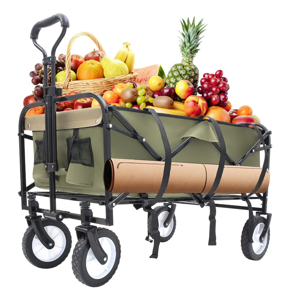Collapsible Folding Wagon Cart with 360-Degree Swivel Wheels, Heavy-Duty Frame, Unique Strapping System, and Two-Tone Design