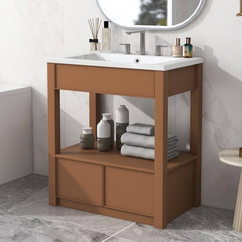 30" Bathroom Vanity with Sink Top, Open Storage Shelf and Two Drawers