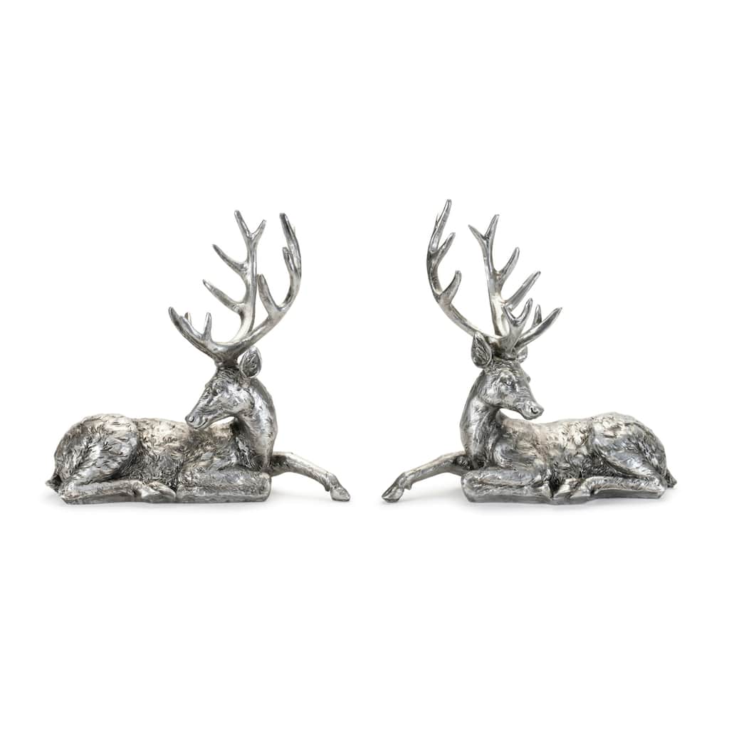 Lying Deer Christmas Figurines - 15" - Silver and Gray - Set of 2