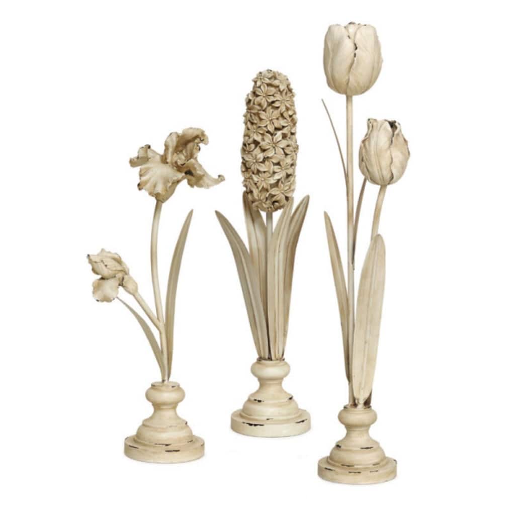 3 Ivory Brown Tulip Hyacinth Iris Flowers Vases Decor 22"