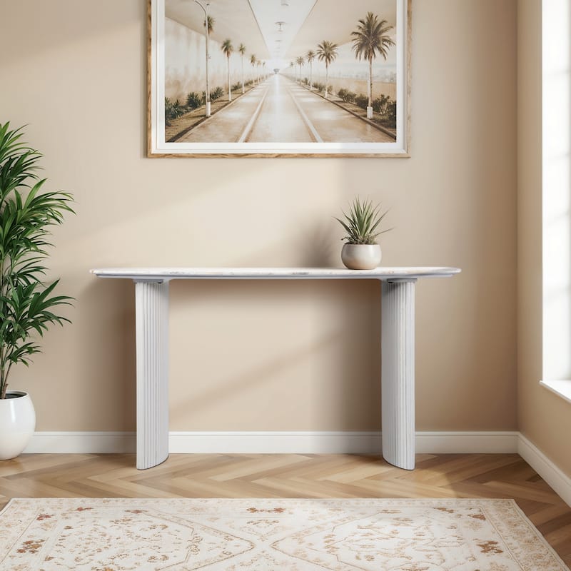 Wood Accent Table Fluted Base Curved Legs Modern Design Sculpted Frame - 60" x 20" x 32" - Tile
