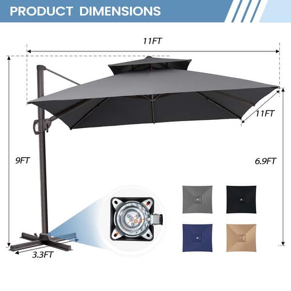 dimension image slide 0 of 9, 11 x 11 FT Outdoor Square Patio Cantilever Offset Umbrella with Crank and 360 Degrees Rotation