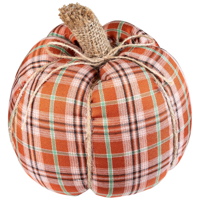 Plush Ribbed Plaid Fall Harvest Pumpkin - 8" - Orange and Green