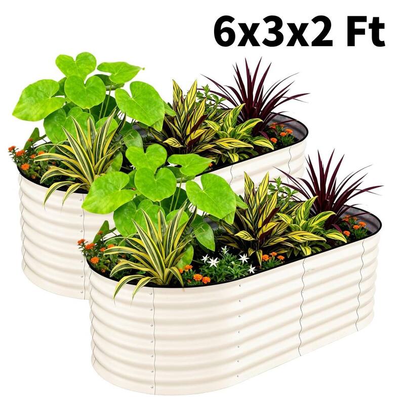 2 PCS 6x3x2 FT Galvanized Steel Raised Garden Bed, Planter for Vegetables, Flowers with Anti-Cut Strips - N/A - White
