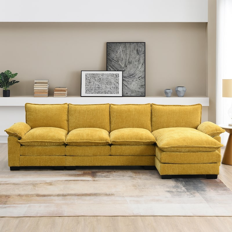Chenille Upholstered Sectional Sofa with Chaise and Storage Pockets, 5 Seat Lounge Cloud Couch L-shaped Recliner Couches