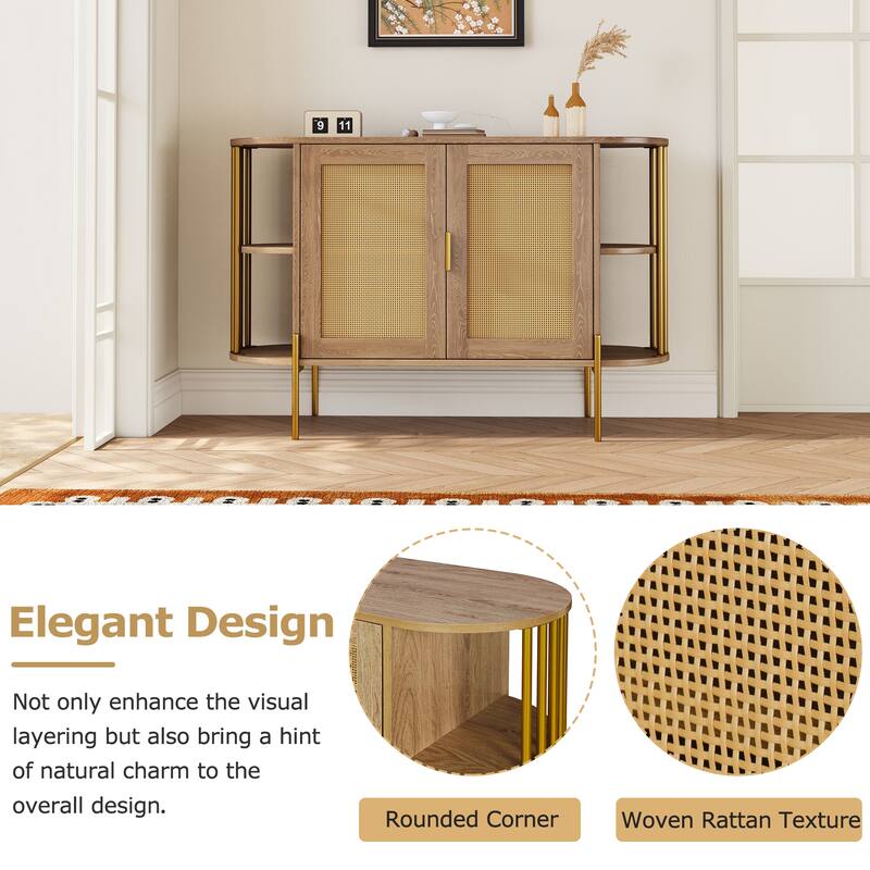Curved Sideboard Rattan Buffet Storage Cabinet Side Cabinet, Natural