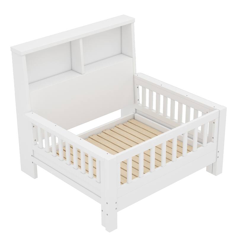 Pull Out Twin Size Platform Bed Converted into Baby Crib and Sofa with Storage Headboard and Removable Footboard