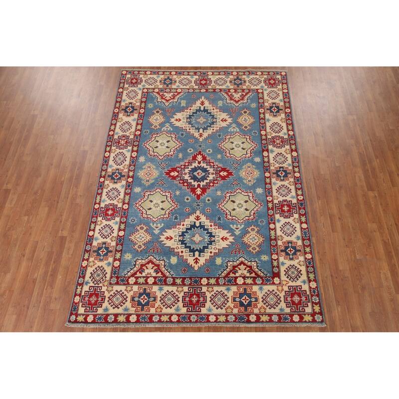 Hand Knotted Oriental 100% Wool Carpet Traditional Geometric Navy Blue & Blues Kazak Area Rug - 9' 10'' X 6' 8''