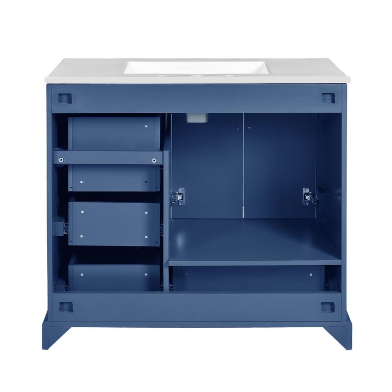 Traditional Bathroom Vanity with Ceramics Sink, Freestanding Cabinet with 3 Side Drawers, Bottom Drawer and 2 Soft Close Doors