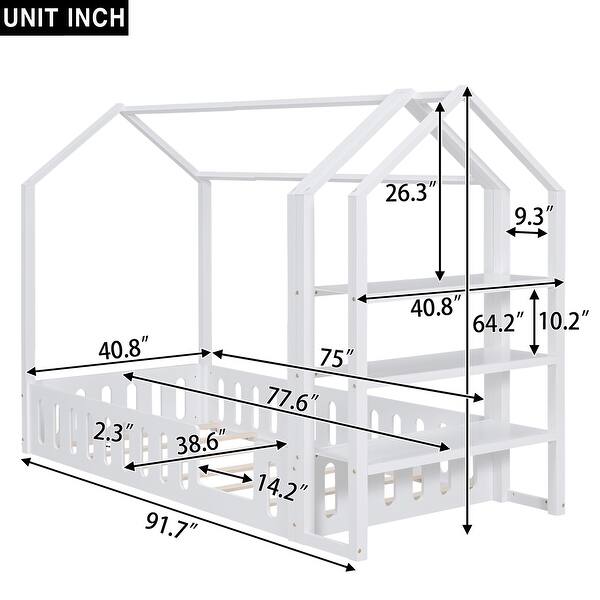 Twin House Bed Floor Bed Fence-shaped Guardrail Creativity House Bed with Fence and Detachable Storage Shelves - White