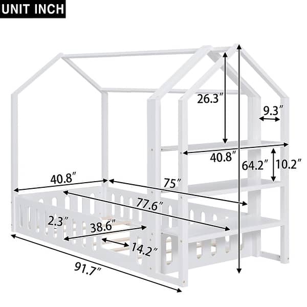 dimension image slide 1 of 4, Modern Wood House Bed, with Fence and Detachable and Movable Storage Shelves