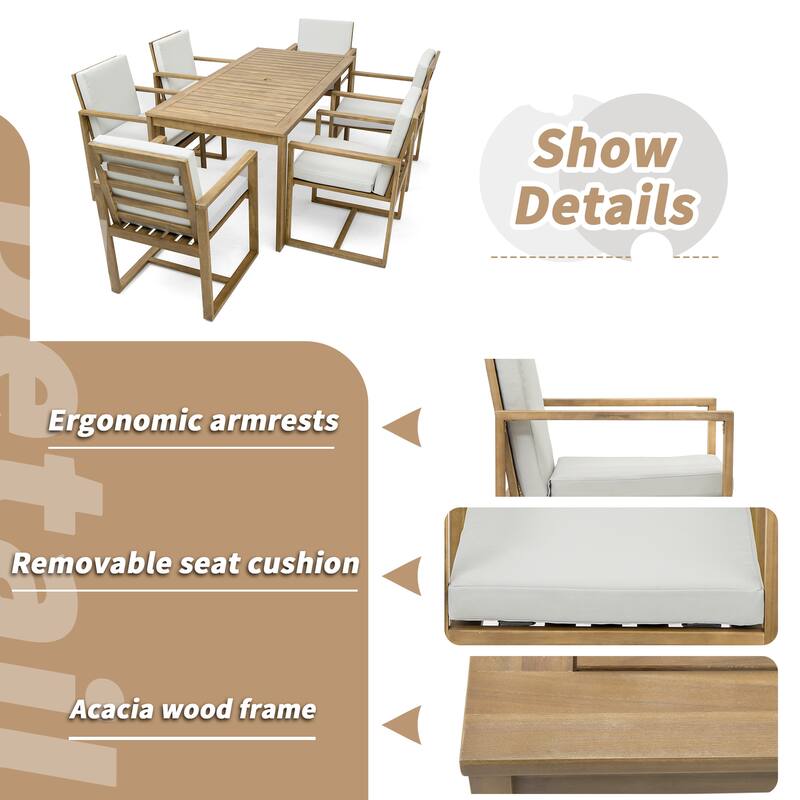 Patio Dining 7 Piece, Outdoor Dining Table and Chair Set with 6 Chairs and Removable Cushions for Patio Garden 7 Pack