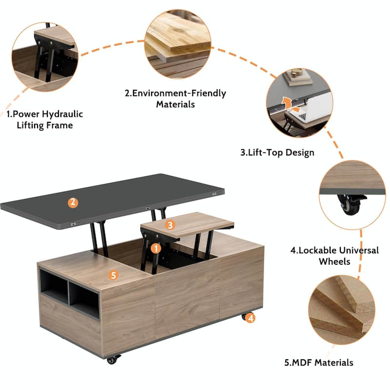 Modern Lift Top Coffee Table with Drawers & Shelves
