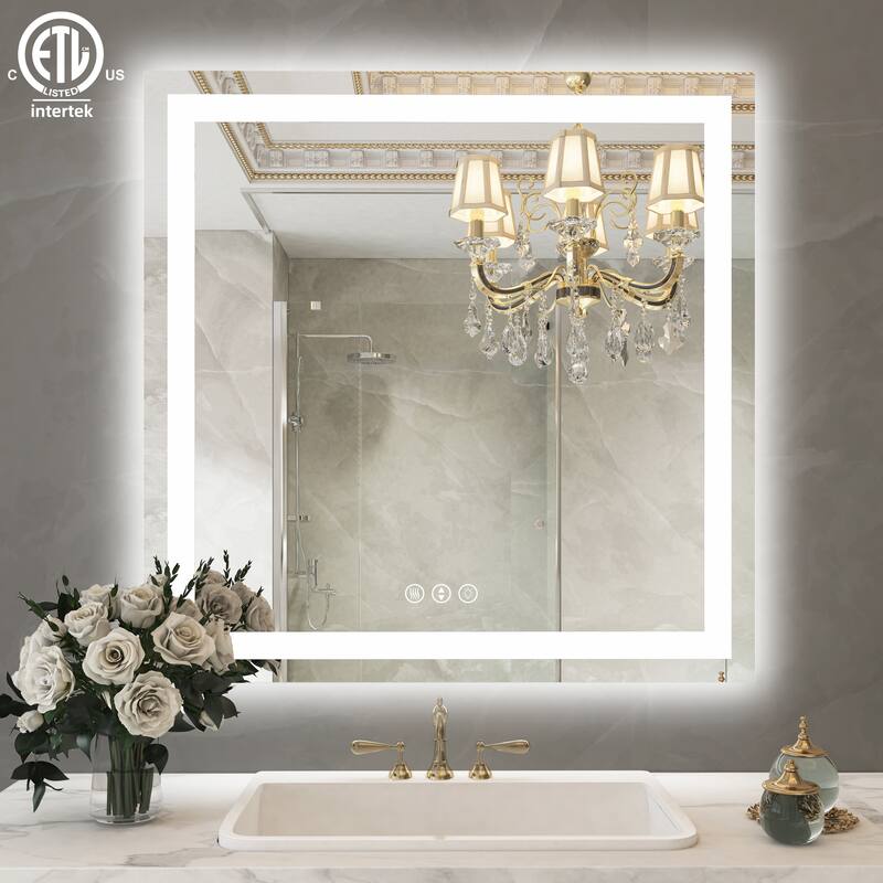Large Rectangular Frameless Anti-Fog LED Light Wall Mounted Bathroom Vanity Mirror in White - N/A - 36" * 36"