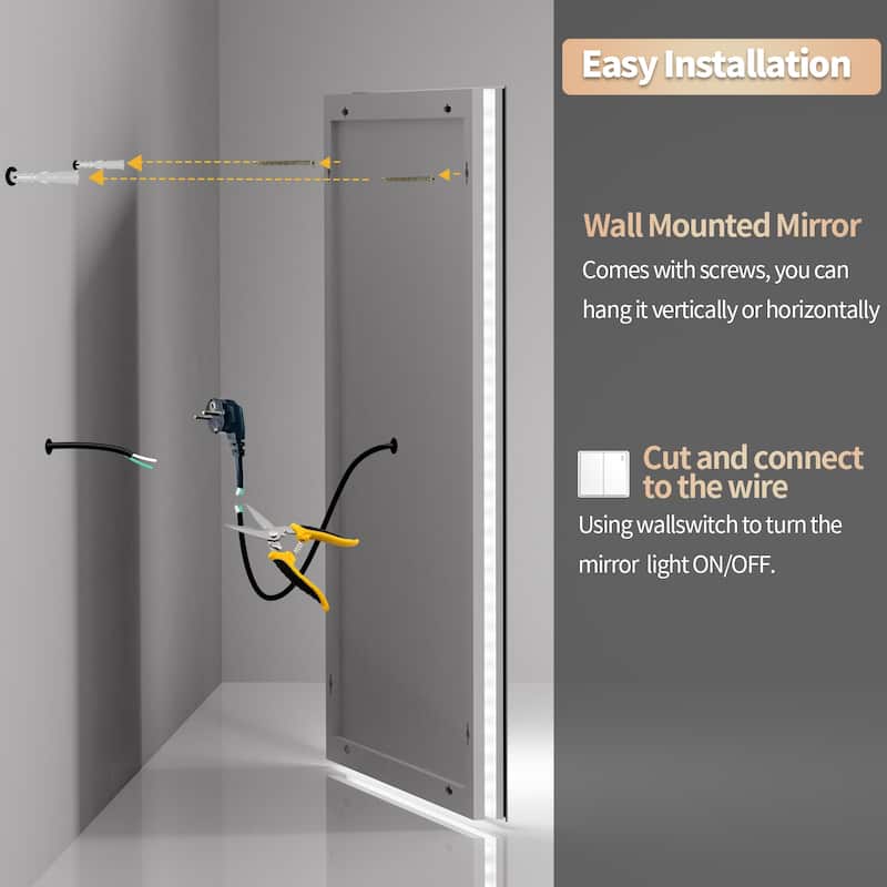 Rectangular Frameless LED Wall Bathroom Vanity Mirror Vertical and Horizontal Hang